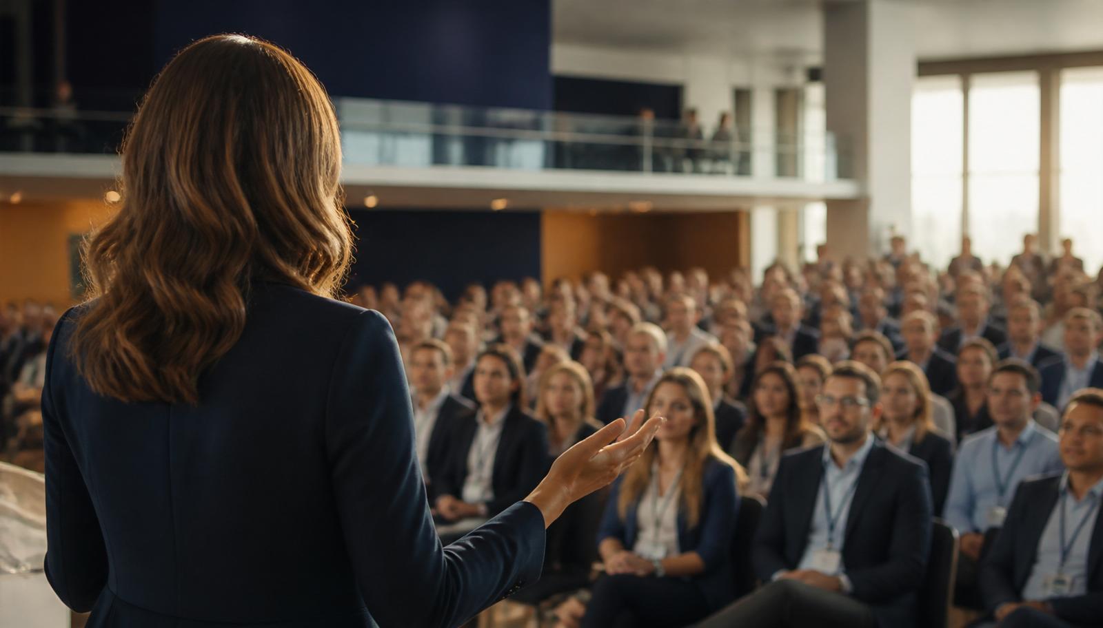 A speaker addressing a full audience at a leadership conference